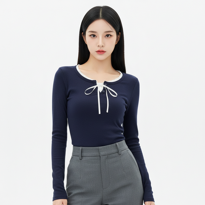 Marketpia 女款修身蝴蝶結荷葉邊領長袖T恤