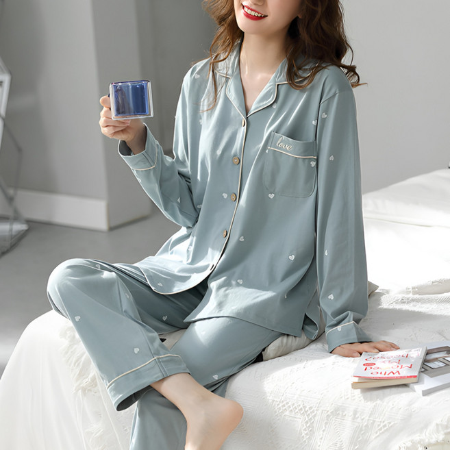 PINKZONE 女性愛心長袖翻領兩件式睡衣