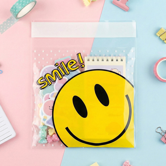 좋은기븐 OPP 투명 접착 포장봉투 해피스마일, 스마일 페이스, 100개