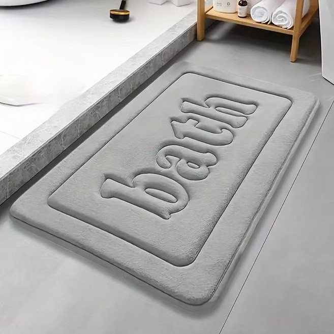 세븐와이즈 두꺼운 벨벳 산호 욕실 매트, 연회색 압화 레터링, 1개