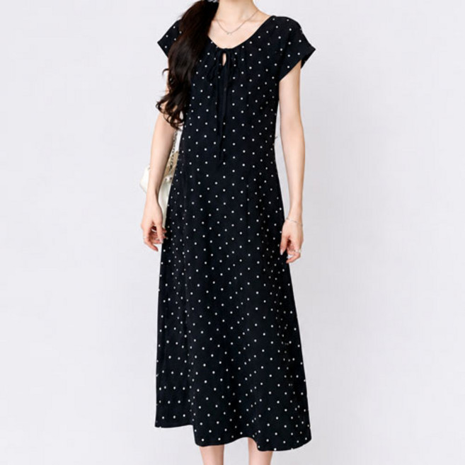 I CAN SIMPLE 荷葉邊圓點短袖蝴蝶結領孕婦洋裝