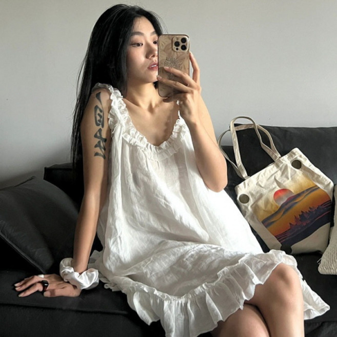 PEONIST 女性少女荷葉邊居家連身睡裙