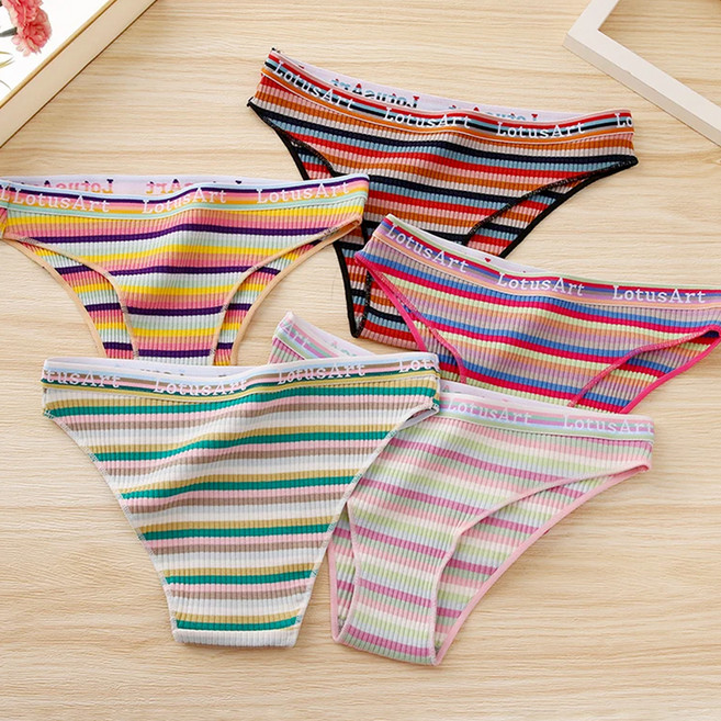 Beauty in Beauty 彩虹修身純棉日常內褲5件組, 綠白色, 紅黑色, 霓虹粉色, 黃紫色, 粉彩粉色