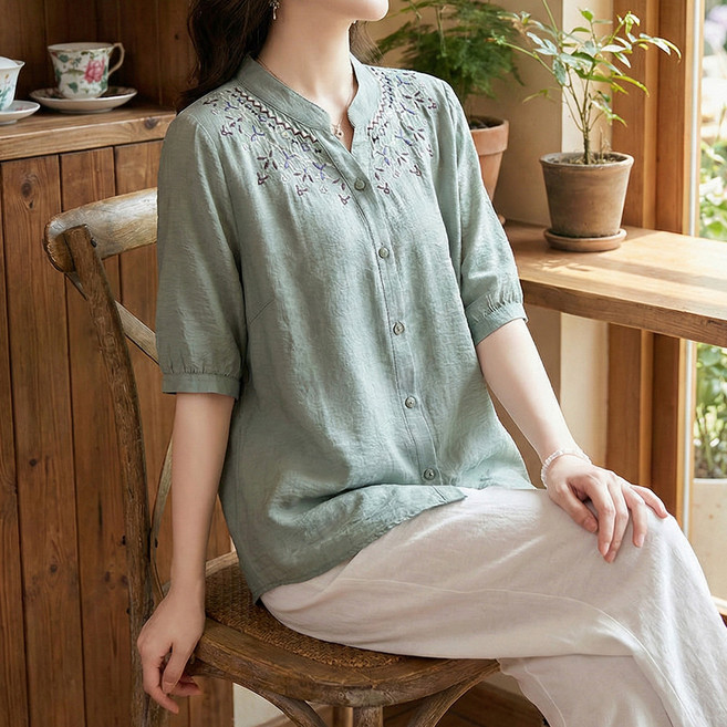 INFIOUS 大尺碼中年開領刺繡罩衫 I263-0354