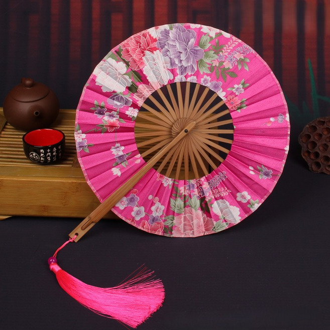 마켓피아 휴대용 접이식 원형 플라워 전통 부채, 18 로즈 레드, 1개