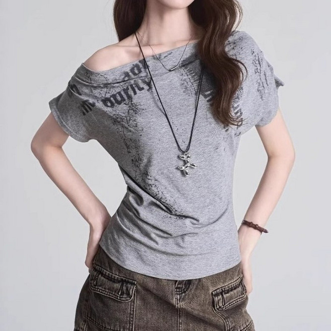 아이엠몽 여성용 슬림핏 오프숄더 그래픽 반팔 티셔츠 R6H017