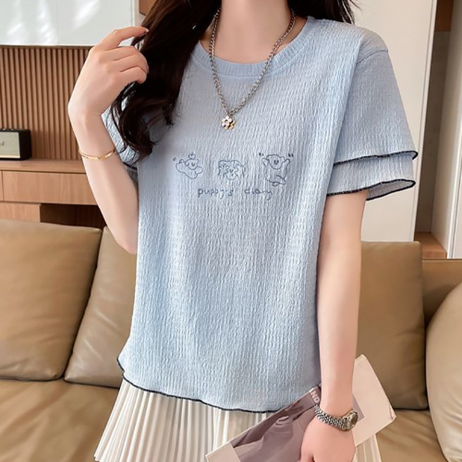 아이캔심플 여성용 감성퍼피 프릴 루즈핏 반팔 티셔츠