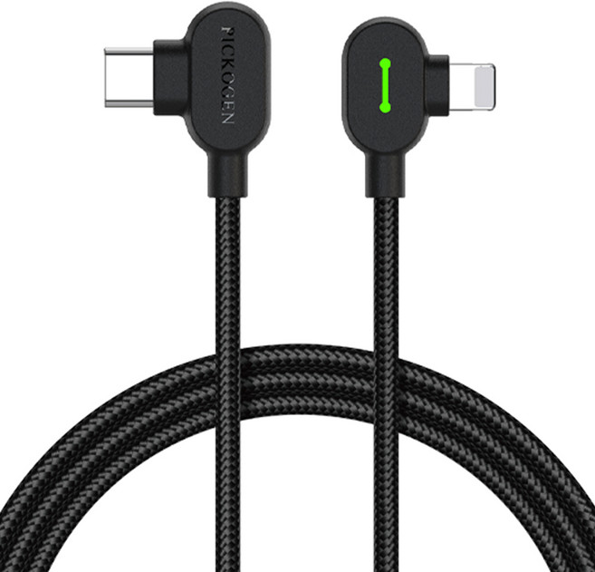 PICKOGEN 皮克全 Type-C TO Lightning PD充電線/快充線 雙彎頭L型 LED GameFlex 2M, 黑色, 1個