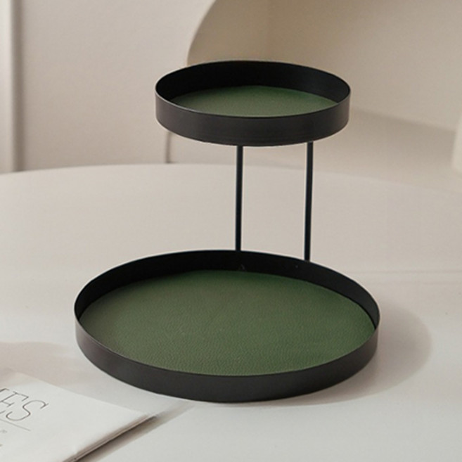 홈플로우 북유럽 감성 미니멀 철제 2단 수납 트레이 원형, 블랙 + 딥그린패드