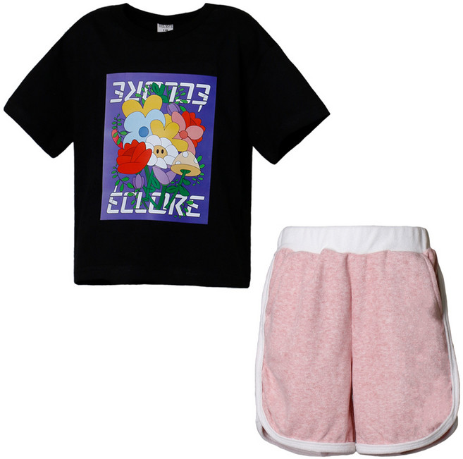 유라비 아동용 여름 플라워 반팔 티셔츠 + 밴딩 팬츠 세트