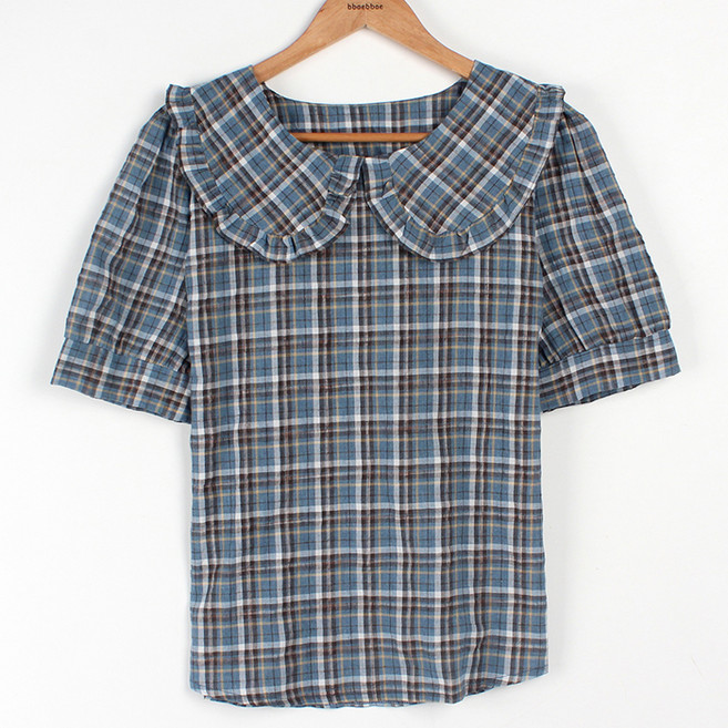 빼빼 여성용 세일러 카라넥 소매퍼프 체크 반팔 블라우스