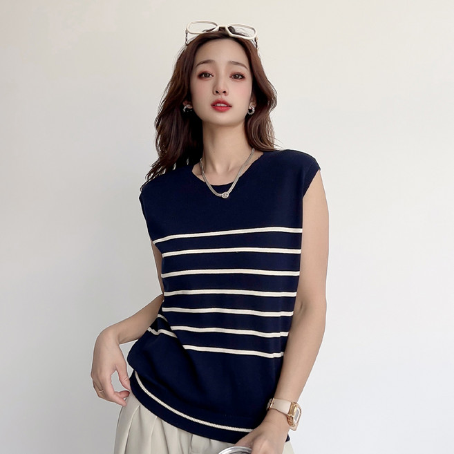 더시럽 여성용 통기성 심플 라인 라운드 민소매 니트