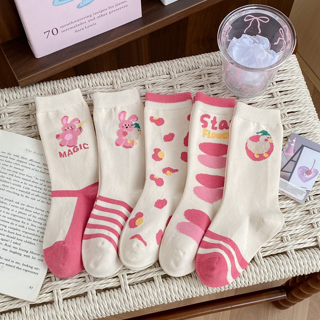 비단길 아동용 스팁 핑크래빗 양말 5켤레