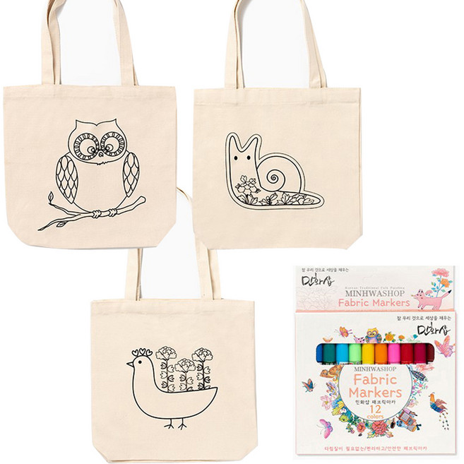 minhwashop 圖案環保袋DIY套組 (3款環保袋 + 12色布料彩繪筆), 1組, 牡丹產品有雞 + 蝸牛 + 貓頭鷹 米色