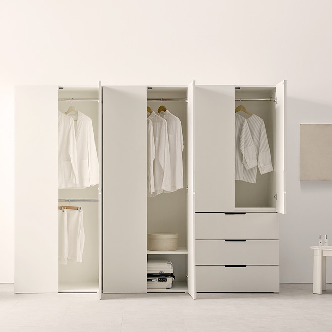 웰퍼니쳐 담우 1단 행거선반형 800 + 2단 행거형 800 옷장 + 3단 서랍형 800 세트 방문설치, 크림 아이보리