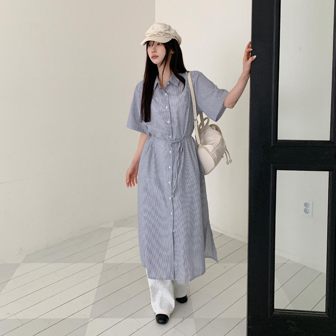 시크블랙 초라라 스트랩 스트라이프 반팔 셔츠 롱 원피스 cpops10471k63