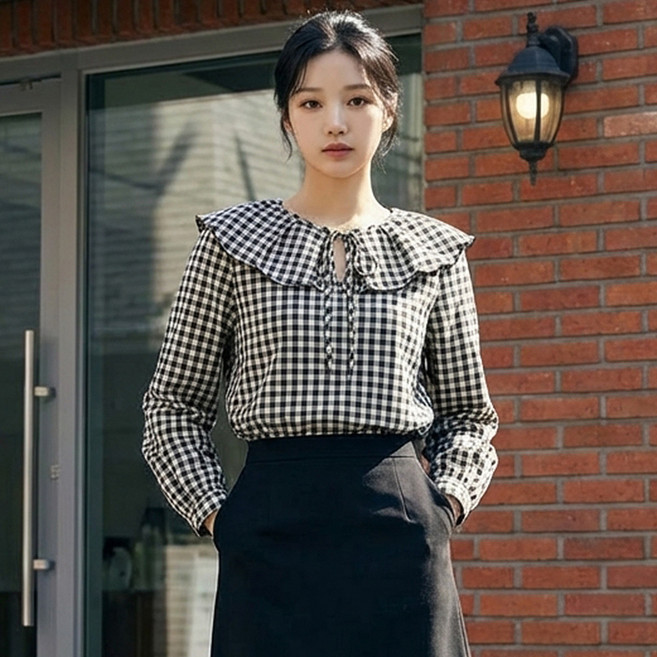 메이첼 프롬 빅사이즈 리본 카라 벌룬 블라우스 12342