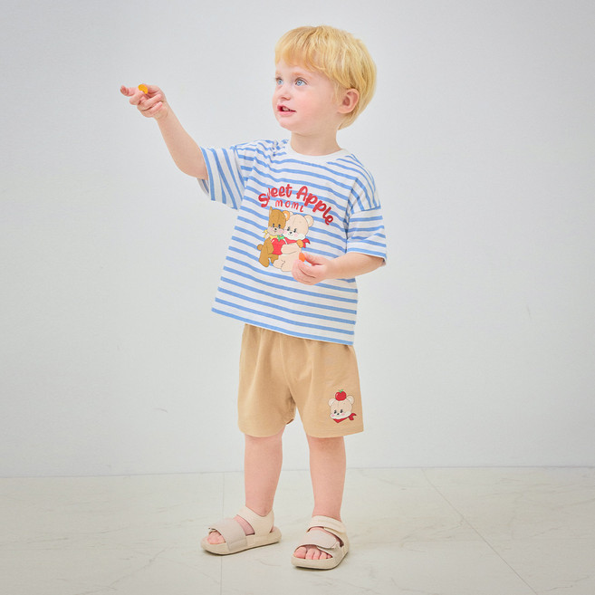 mollimelli 小熊蘋果條紋短袖上衣 + 下身套裝