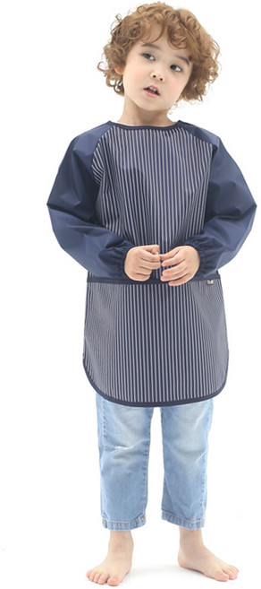 플리에 아동용 긴소매 앞치마 미술 가운, 네이비세로줄