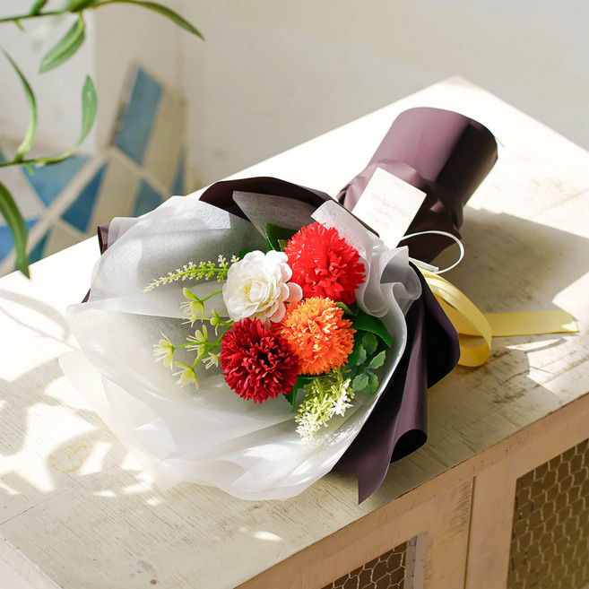 아스파시아 비누꽃 러셔스 카네이션 4송이 다발 + 쇼핑백, 레드, 1개