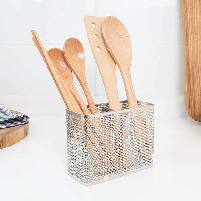 4BNK 스텐 304 물빠짐 걸이형 2칸 사각 수저통 중, 실버, 1개