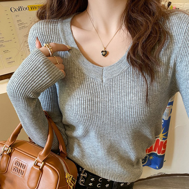 피어니스트 여성용 베이직 U넥 슬림핏 골지 긴팔 니트티