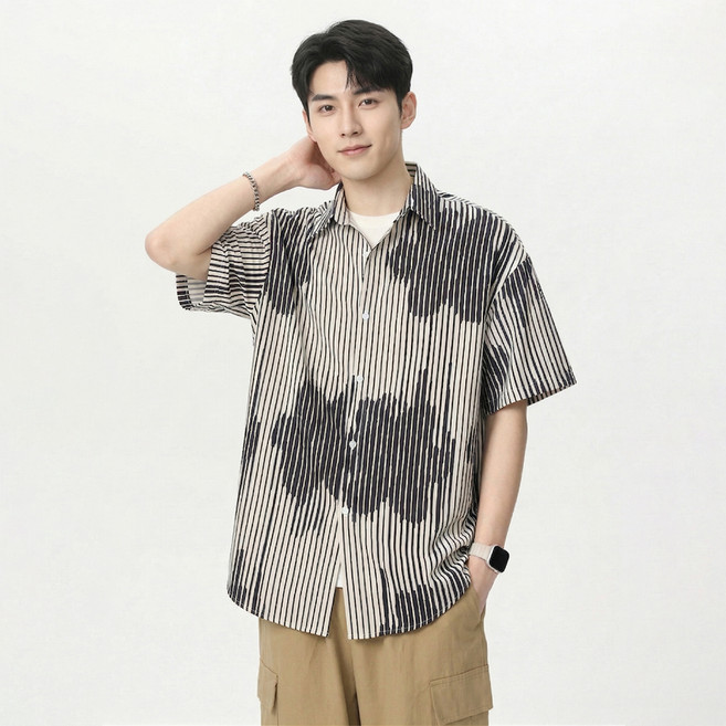 닷이프 남성용 스트라이프 빅 플라워 반팔 셔츠 D263-0475B