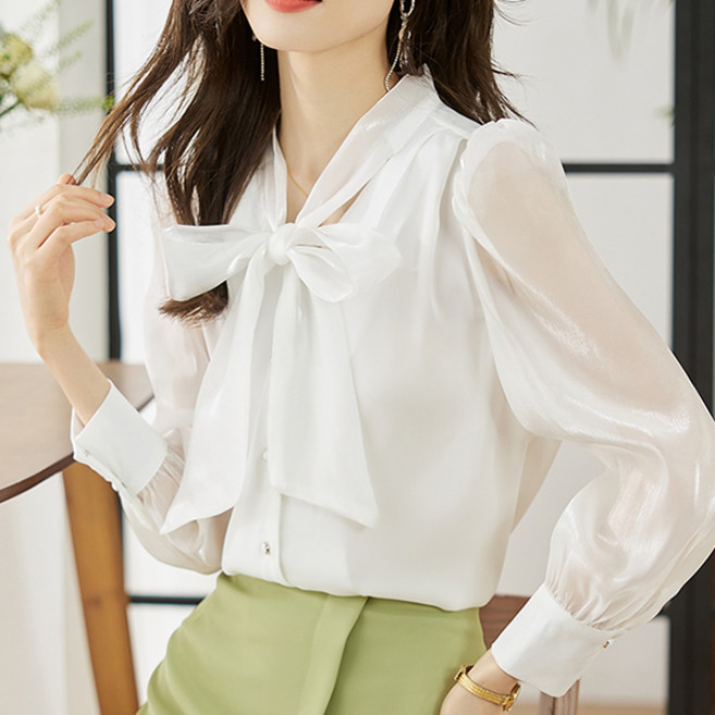 포플러앤씨 여성용 트랫퍼드 쉬폰 리본 블라우스 P26SPBL012005