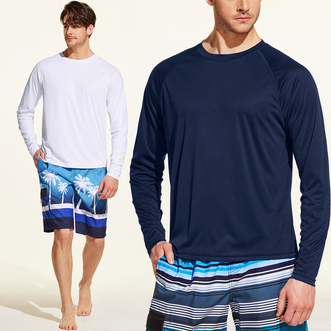 애슬리오 남성용 스윔웨어 긴팔 티셔츠 2종 세트, 화이트, 네이비