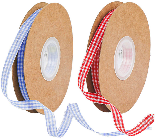 格紋緞帶禮物包裝繩 2色組, 天空藍色 + 紅色, 1組, 45m