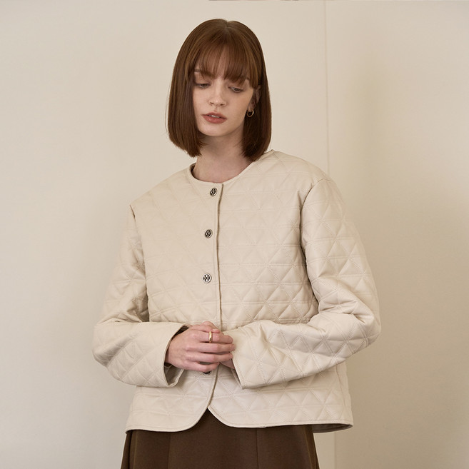 이사베이 여성용 라운드넥 퀼팅 인조 레더 자켓 VJJAY2147