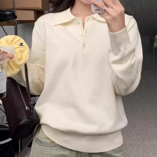 아이엠몽 여성용 베이직핏 카라넥 무지 긴팔 니트 티셔츠 R6S108