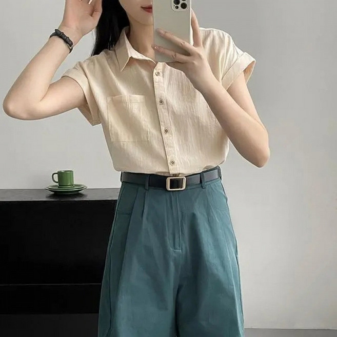 Goodif 女款天然亞麻休閒短袖襯衫