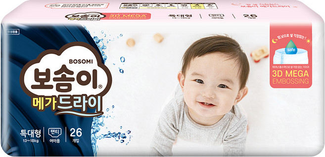 보솜이 메가드라이 팬티형 기저귀 여아용, 특대형(XL), 26매