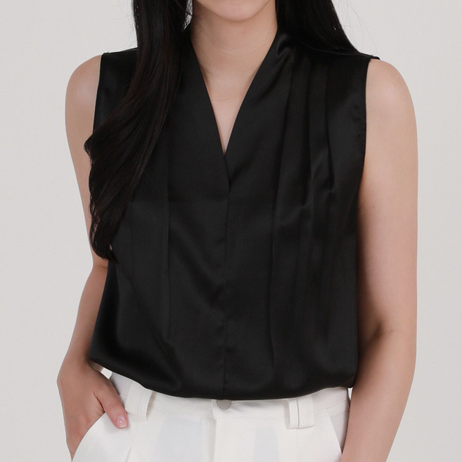 페이릿 여성용 핀턱 브이넥 민소매 블라우스