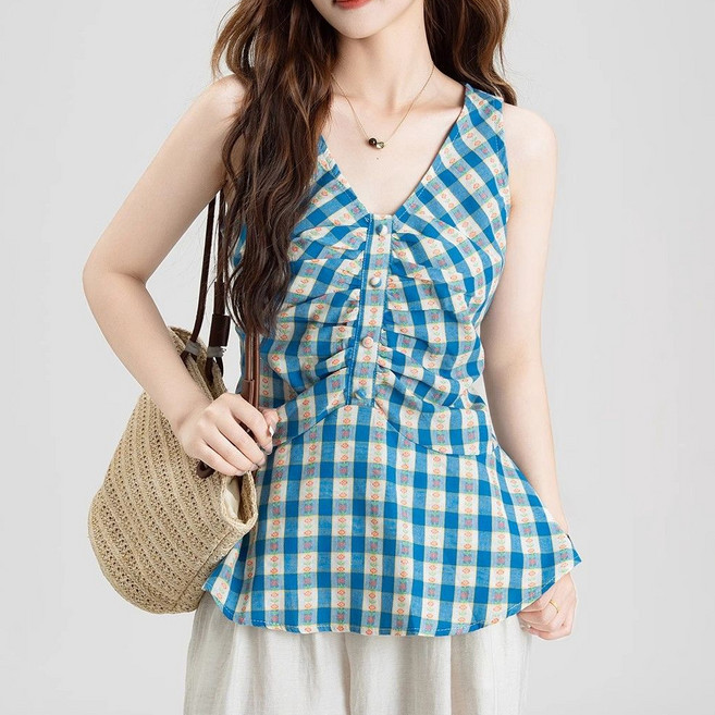 Dotif 女款撞色格紋V領無袖上衣 D263-0162BU