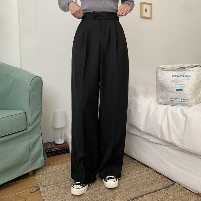 Tomatofactory 女款 Romance 隱藏式掛鉤彈性褶飾寬版西裝褲