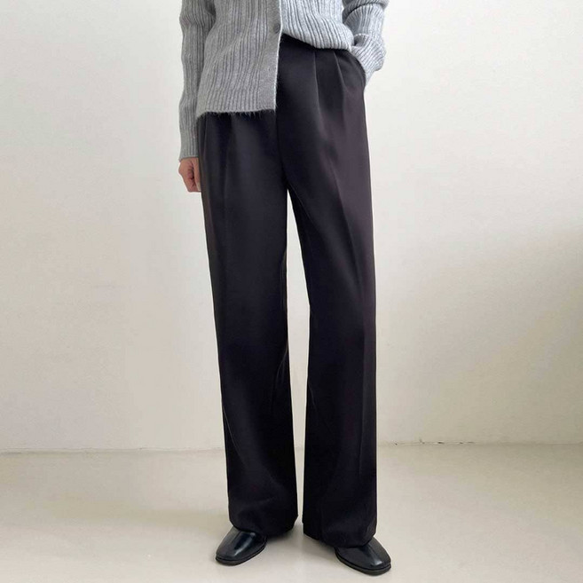 플랜데이 여성용 로핀 핀턱 세미 와이드 슬랙스