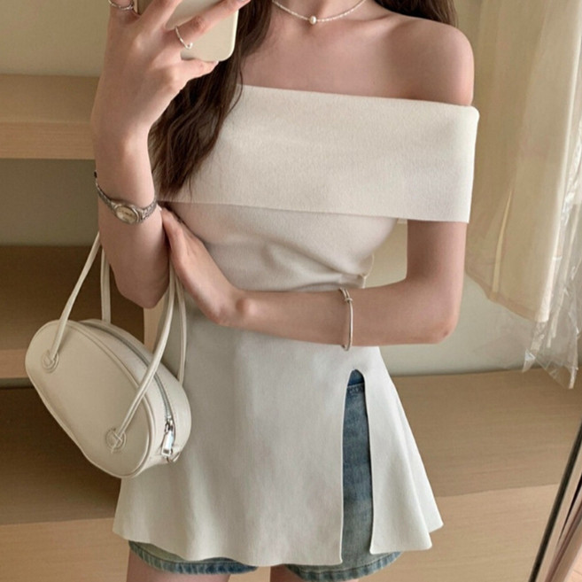 피어니스트 여성용 롱 트임 포인트 오프숄더 슬림핏 니트탑