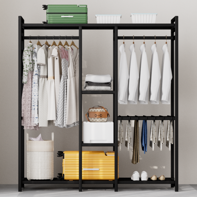 비마이엑스 트리플 철제 스탠드 시스템 드레스룸 선반형 수납행거, 블랙