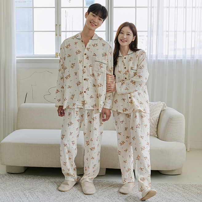 찌니야 커플용 통기성 몽글곰 긴팔 상하의 잠옷 세트 1128