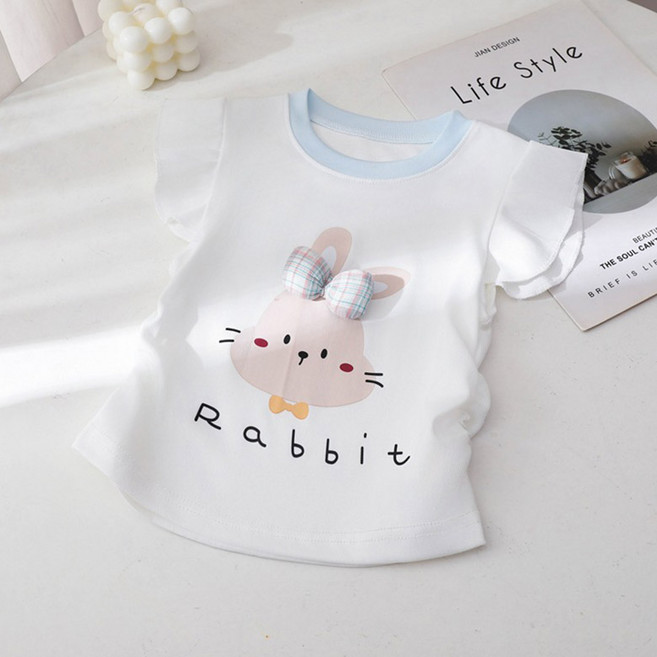 유블리 코루안 입체 리본 토끼 반팔 러블리 프릴 소매 티셔츠