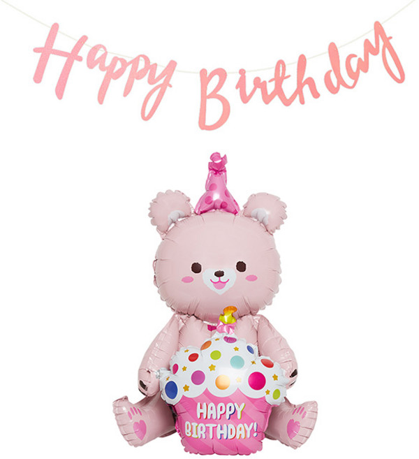 조이파티 스탠딩에어벌룬 생일곰 + 생일가랜드 캘리그래피 세트, 핑크(곰), 핑크(가랜드), 1세트