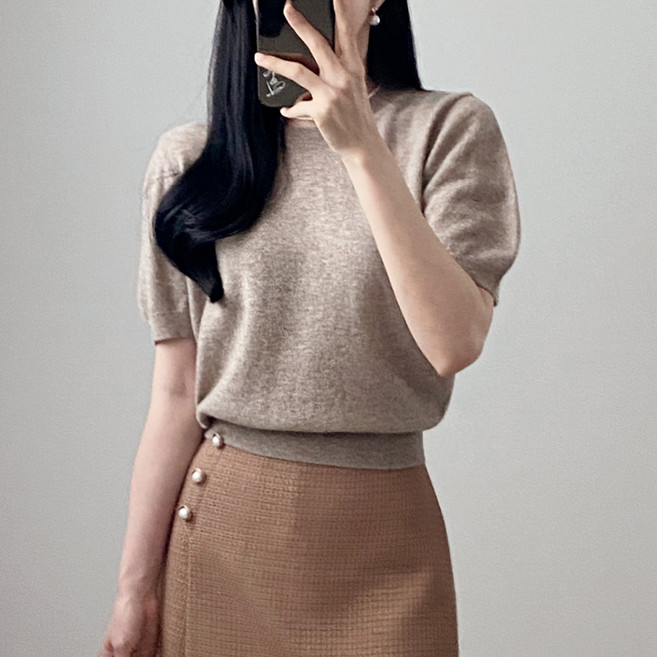 Lamir 女款泡泡袖圓領短袖羊毛針織衫