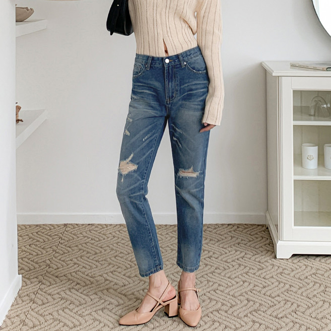 여성용 난스판 세미 배기 보이핏 데님 팬츠 CS317320