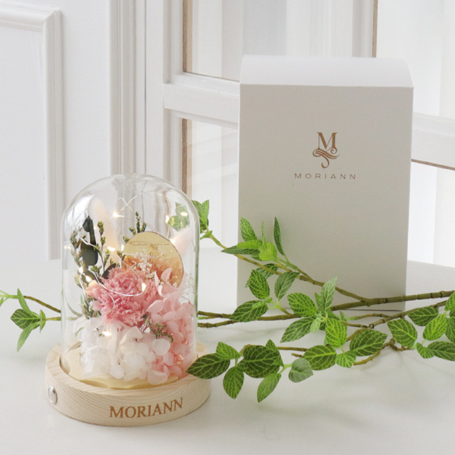 MORIANN 永恆不變的愛 永生花燈飾玻璃罩 + 禮物盒組, 糖果粉(玻璃罩)