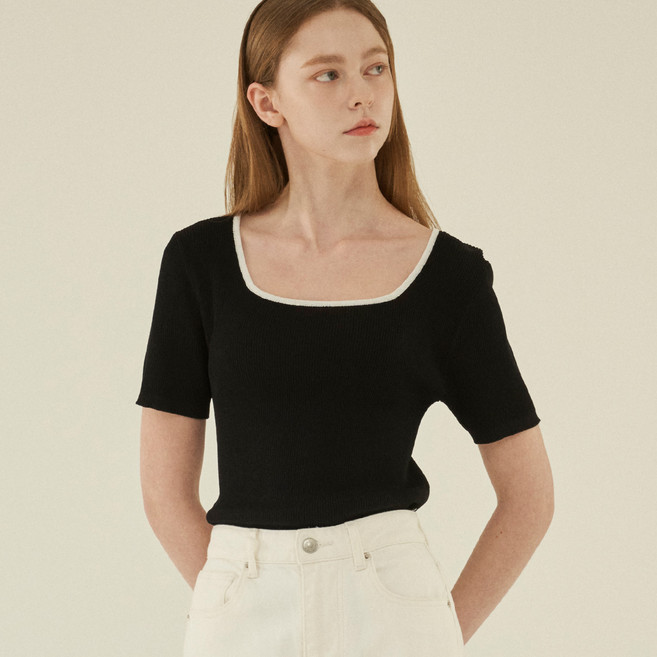 210에디트 여성용 스퀘어넥 슬림 골지 반팔니트 티 ZE2SW643