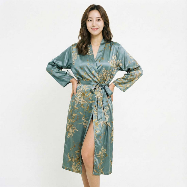 2Estar 女款花卉碎花絲滑長版浴袍