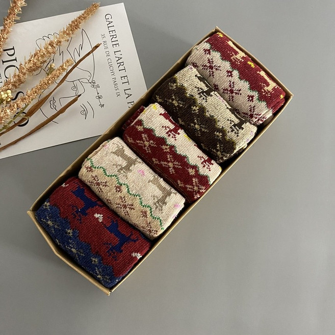 워더미 여성용 크리스마스 보온 양말 5켤레 + 선물박스 세트 W357