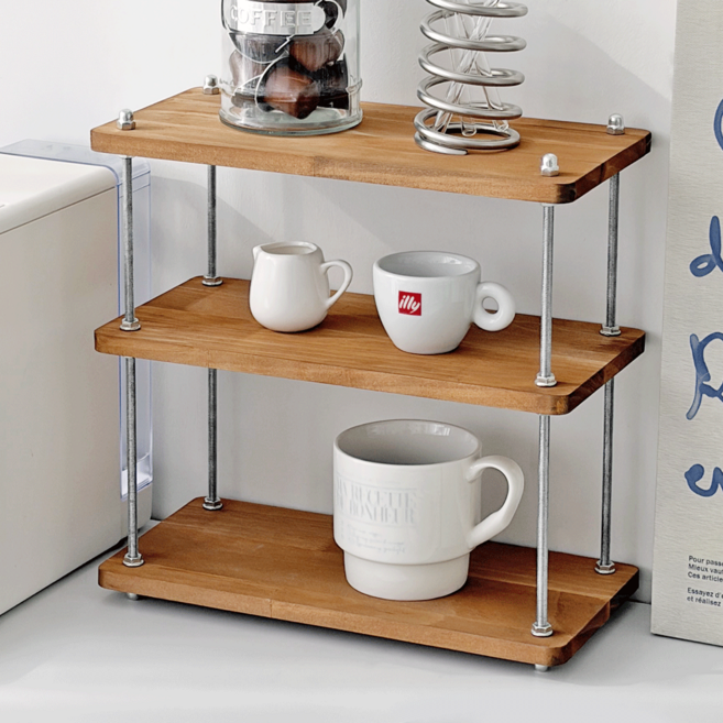 DEMIMOOD Cafe Bar 木質不鏽鋼3層迷你層架 杯架 纖薄款, 棕色, 1個